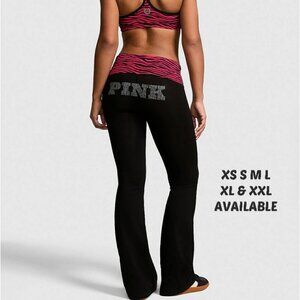 VS PINK ZEBRA PRINT WAISTBAND FOLDOVER FLARE BLACK LEGGINGS & BLING LOGO & SHORT